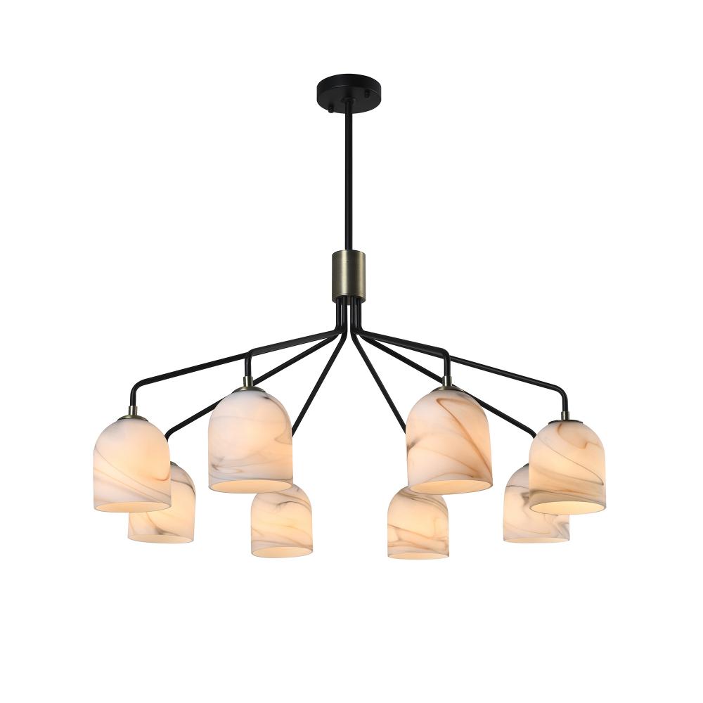 Crema 8 Light Chandelier 34.25&#34;, Black, Brushed Brass with Alabaster style glass