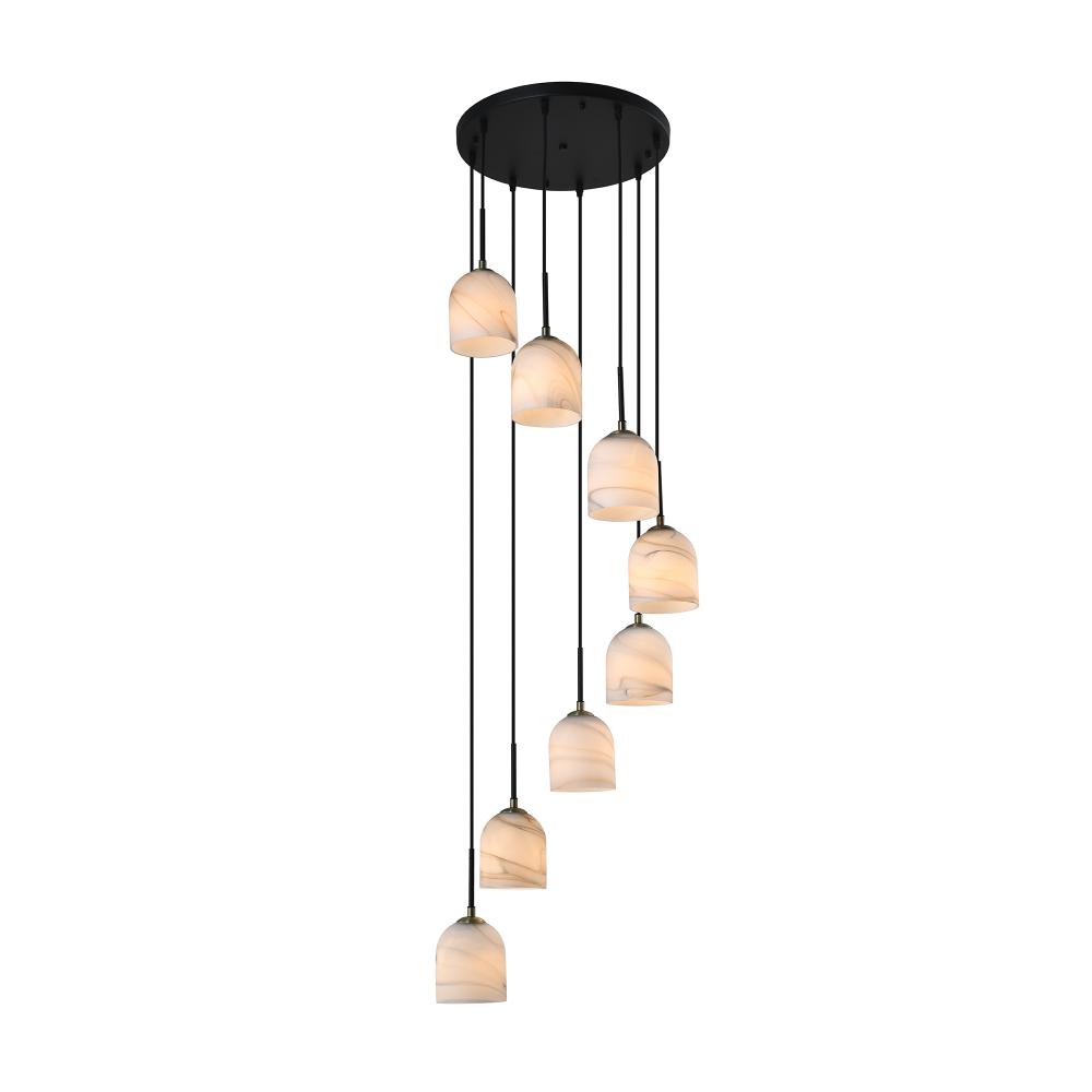Crema 8 Light Chandelier 18.5&#34;, Black, Brushed Brass with Alabaster style glass