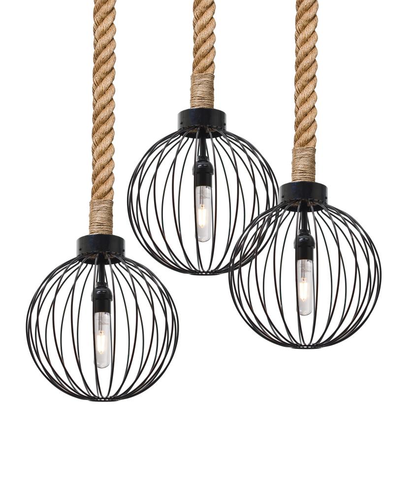 Besa Sultana Globe Rope Pendant, Black, 3x5W LED Filament