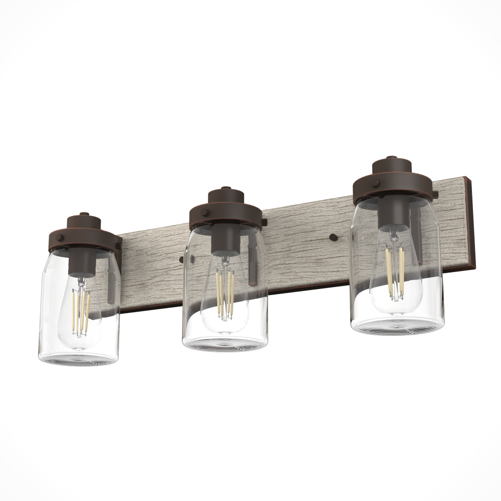 Hunter Devon Park Onyx Bengal and Barnwood with Clear Glass 3 Lt Bathroom Vanity Wall Lt Fixture