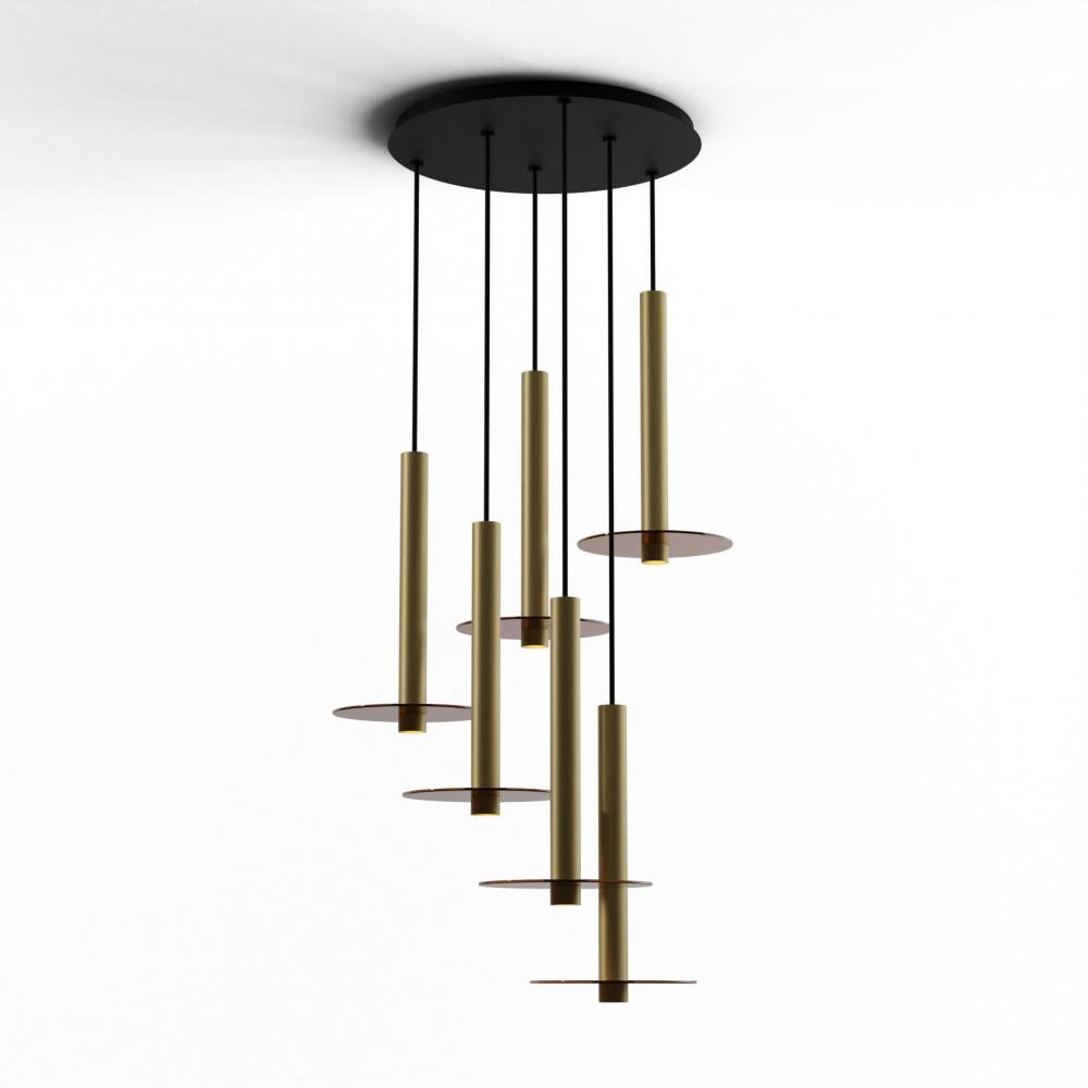 Combi Pendant 16&#34; Circular 6 Combo Brass with Matte Black Canopy