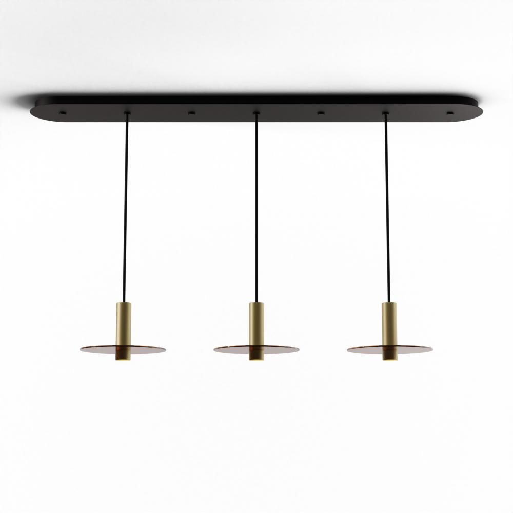 Combi Pendant 6&#34; Linear 3 Combo Brass with Matte Black Canopy, 9&#34; glass plate (Tea Brown) at