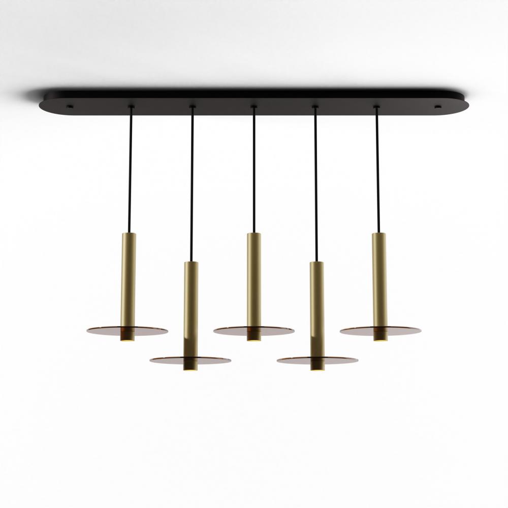 Combi Pendant 12&#34; Linear 5 Combo Brass with Matte Black Canopy, 9&#34; glass plate (Tea Brown) a