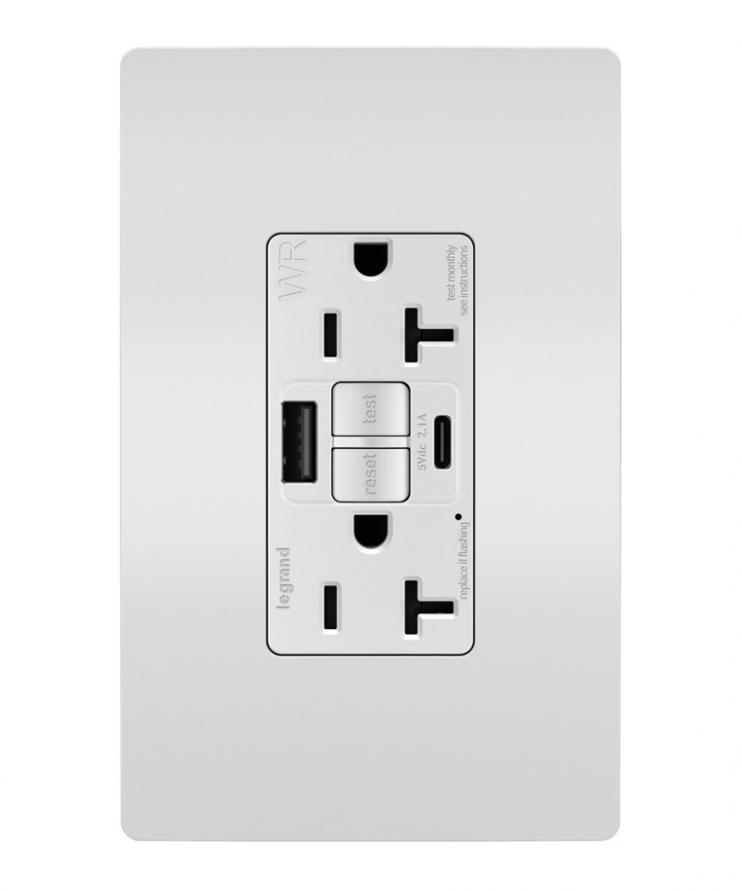 radiant Tamper-Resistant Weather-Resistant Duplex Self-Test GFCI with USB Type A/C Outlet, White