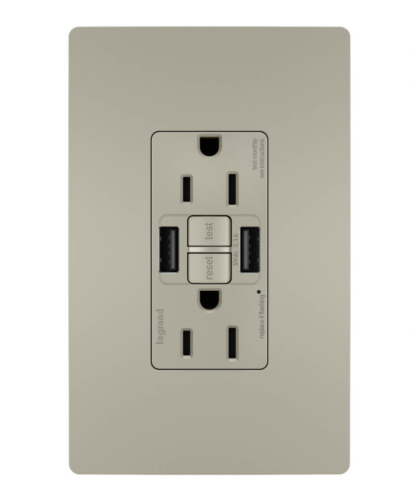 radiant Tamper-Resistant 15A Duplex Self-Test GFCI Receptacles wt SafeLock Protection, USB Type