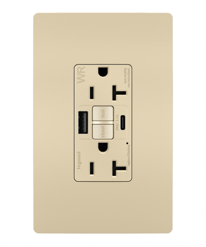 radiant Tamper-Resistant Weather-Resistant Duplex Self-Test GFCI with USB Type A/C Outlet, Ivory